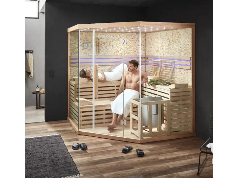 Traditionelle Sauna SKYLINE BIG Tannenholz Natur XL mit Kunststeinwand