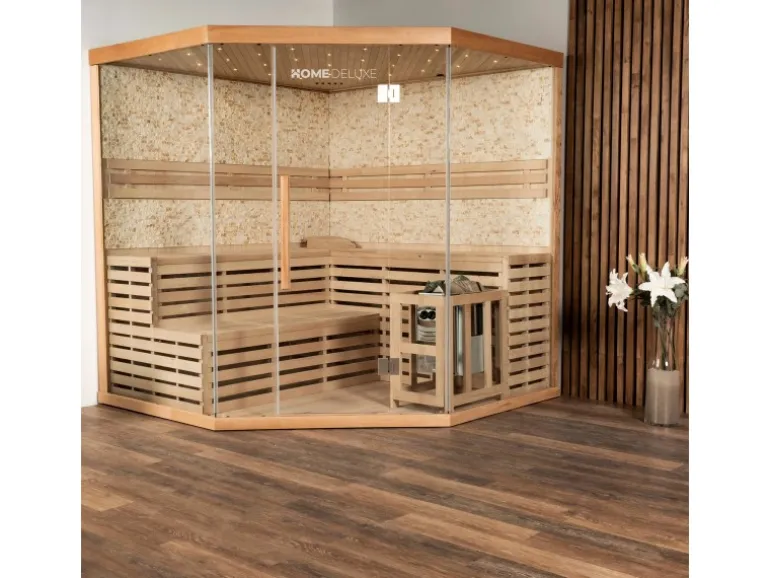 Traditionelle Sauna SKYLINE BIG Tannenholz Natur XL mit Kunststeinwand
