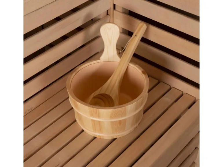 Traditionelle Sauna SKYLINE BIG Tannenholz Natur XL mit Kunststeinwand