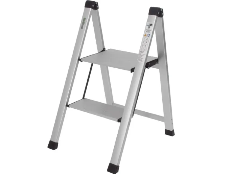 TRUTZHOLM Trittleiter 2 Stufig Klappbar bis 150 kg Alu Anti Rutsch Trittflächen TÜV GS Silber