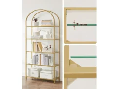 Vasagle Bücherregal 5 Ablagen Hartglas 30,2 cm x 83 cm x 183,5 cm Gold