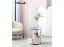Vasagle Beistelltisch mit Stoff-Korb Ø 45 cm x 51 cm Rosa-Weiß