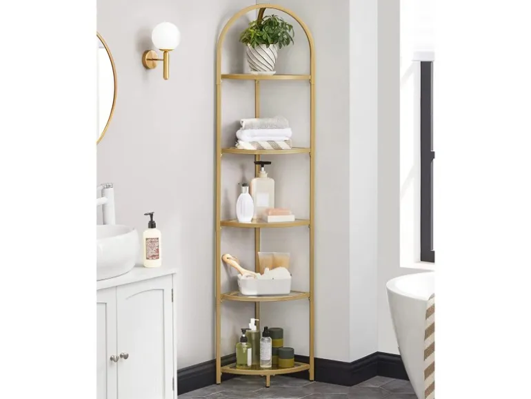 Vasagle Eckregal 5 Ebenen Hartglas 28 cm x 28 cm x 158 cm Gold