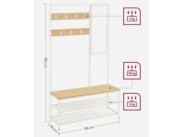 Vasagle Garderobenständer Modern 35 cm x 98 cm x 180 cm Eiche-Weiß
