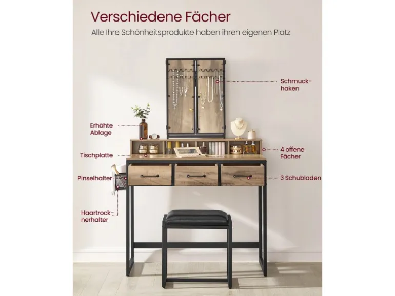 Vasagle Schminktisch mit Hocker Eichenbraun-Schwarz