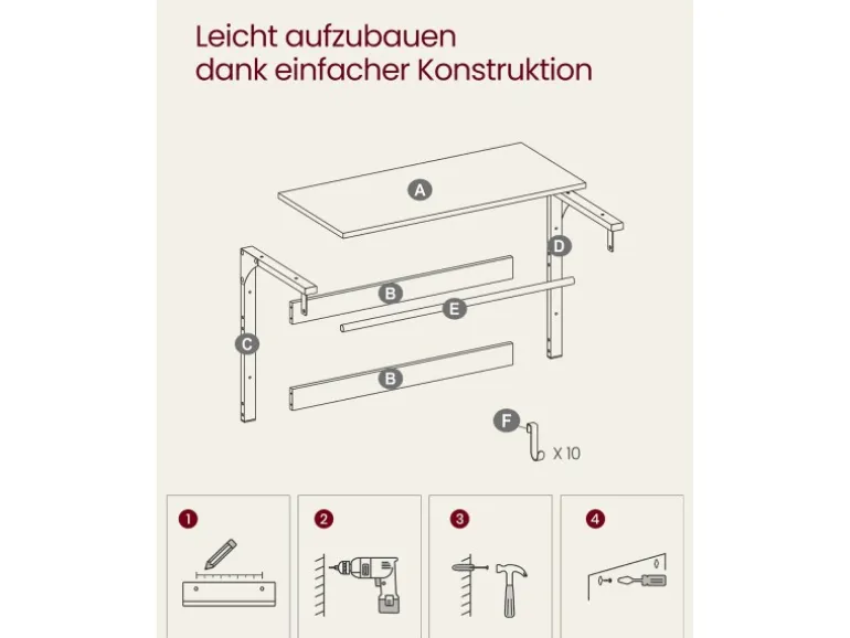 Vasagle Wandgarderobe mit Ablage 30 cm x 80 cm x 42 cm Braun-Schwarz