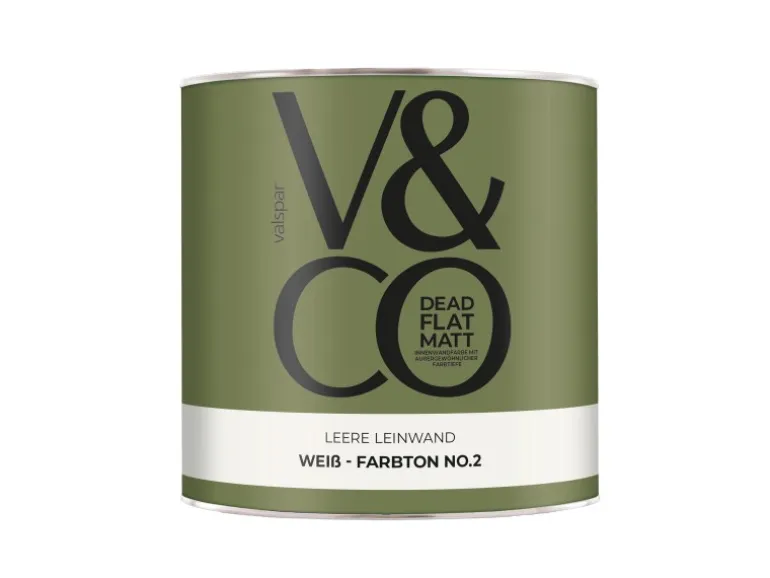 V&CO Premium-Innenfarbe Dead Flat Matt Weiß Farbton 2 Leere Leinwand 2,5 l