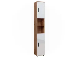 Vicco Badschrank Irma Eiche/Weiß Hochglanz 30 x 192 cm mit Türen und Offenen Fächern