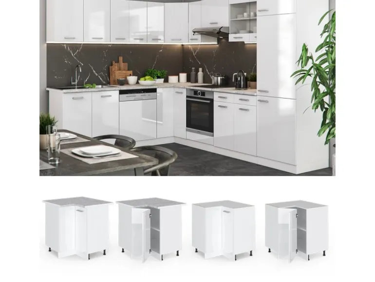 Vicco Eckunterschrank R-Line Küchen Eckschrank Weiß Hochglanz/Weiß 76 cm AP Eiche