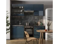 Vicco Fame-Line Küchenschränke Dunkelblau Hochglanz/Anthrazit 200 cm AP Eiche ohne E-Geräte