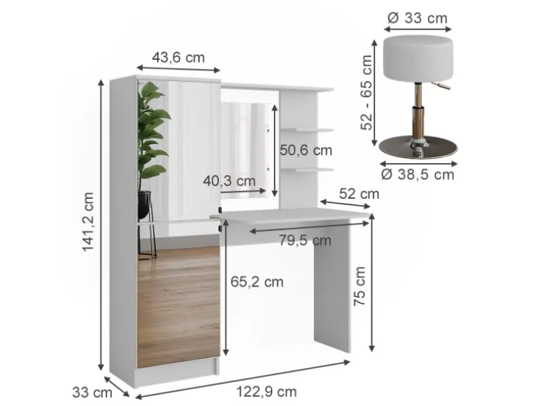 Vicco Frisiertisch Jasmin Weiß 123 x 141.2 cm mit Hocker