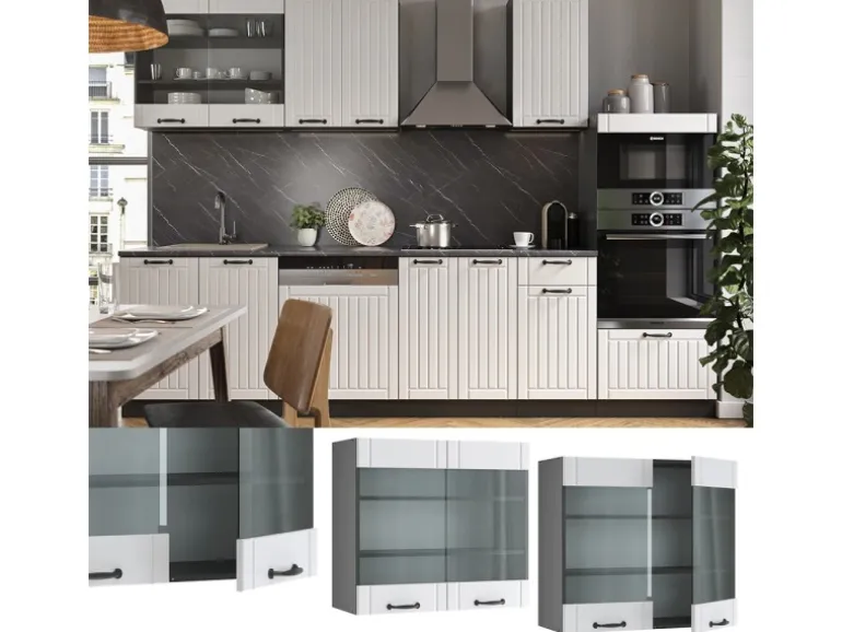 Vicco Küchenglasschrank Fame-Line Glashängeschrank Weiß Landhaus/Anthrazit 80 cm