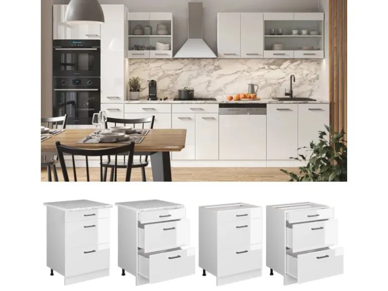 Vicco Küchenunterschrank R-Line Weiß Hochglanz/Weiß 60 cm mit Schubladen ohne Arbeitsplatte