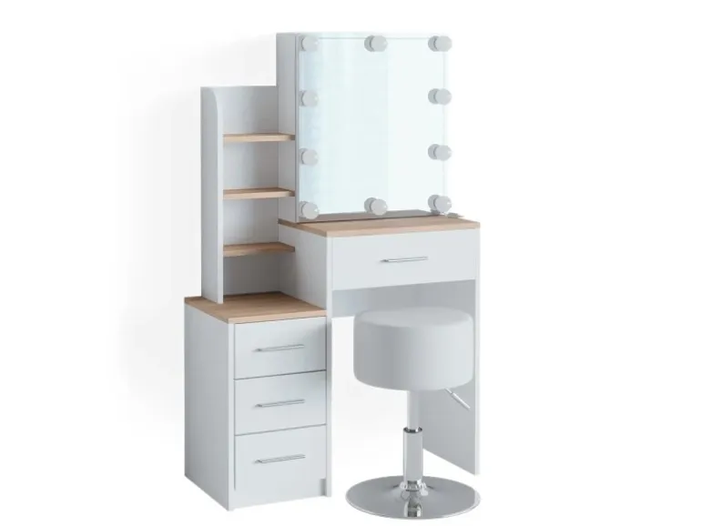 Vicco Schminktisch Conrada Weiß/Sonoma/Sonoma 36 cm mit LED Beleuchtung und Hocker