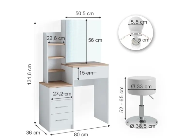 Vicco Schminktisch Conrada Weiß/Sonoma/Sonoma 36 cm mit LED Beleuchtung und Hocker