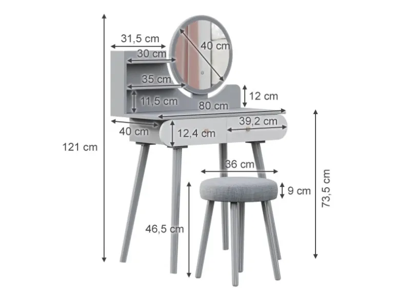 Vicco Schminktisch Edda Grau 80 cm mit LED Beleuchtung und Hocker