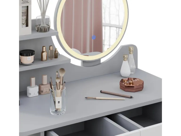 Vicco Schminktisch Edda Grau 80 cm mit LED Beleuchtung und Hocker