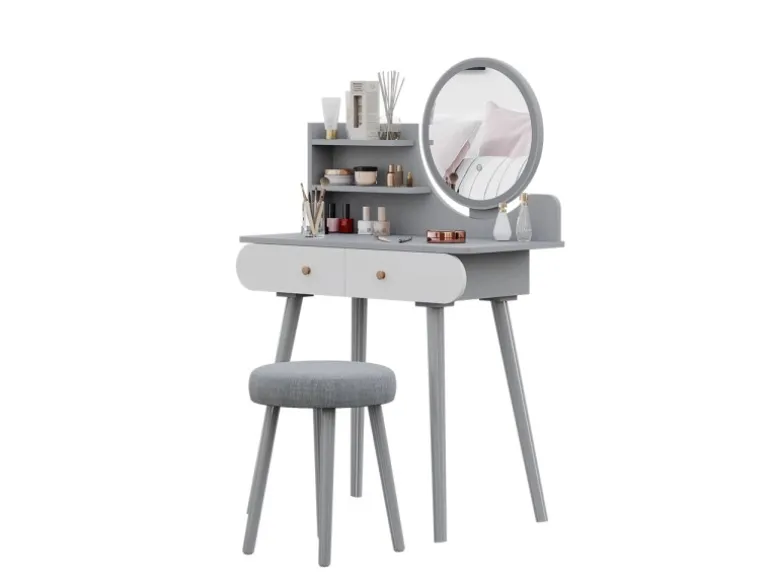 Vicco Schminktisch Edda Grau 80 cm mit LED Beleuchtung und Hocker