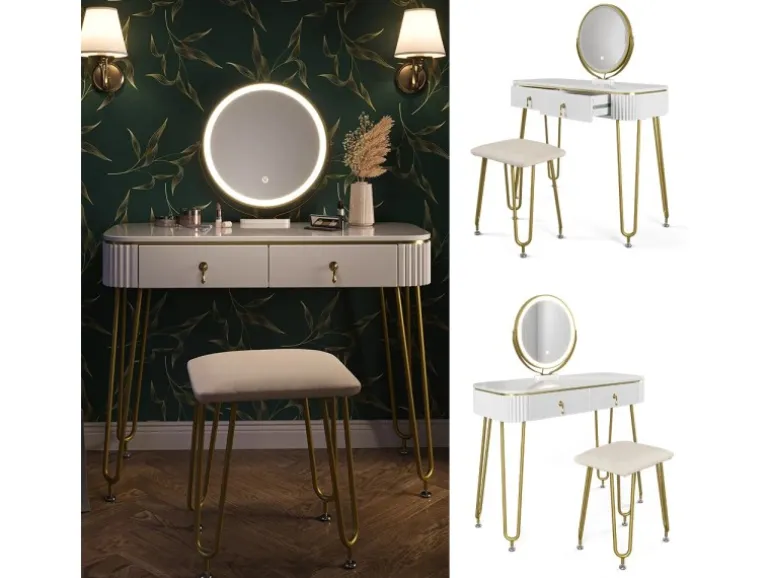 Vicco Schminktisch Grace Weiß Hochglanz 100 cm mit LED Beleuchtung und Hocker