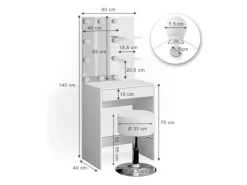 Vicco Schminktisch Isabelle Weiß 60 cm mit LED Beleuchtung und Hocker