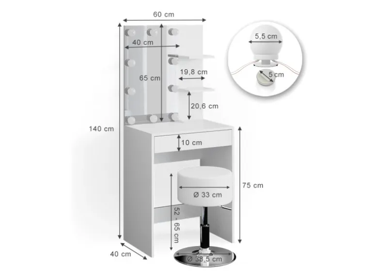 Vicco Schminktisch Isabelle Weiß 60 cm mit LED Beleuchtung und Hocker
