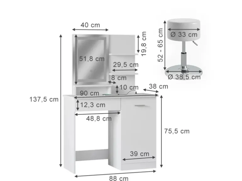 Vicco Schminktisch Julia Weiß 90 cm mit LED-Spiegel QI-Ladegerät und Hocker