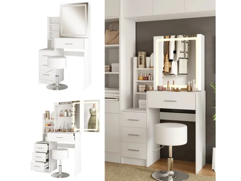 Vicco Schminktisch Lisca Weiß 80 cm mit LED-Spiegel und Hocker