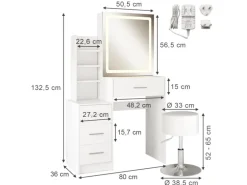 Vicco Schminktisch Lisca Weiß 80 cm mit LED-Spiegel und Hocker