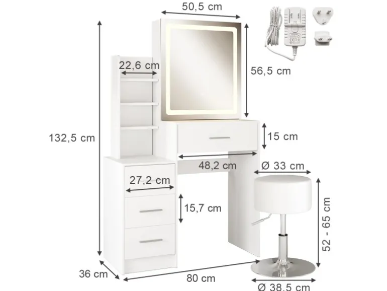 Vicco Schminktisch Lisca Weiß 80 cm mit LED-Spiegel und Hocker