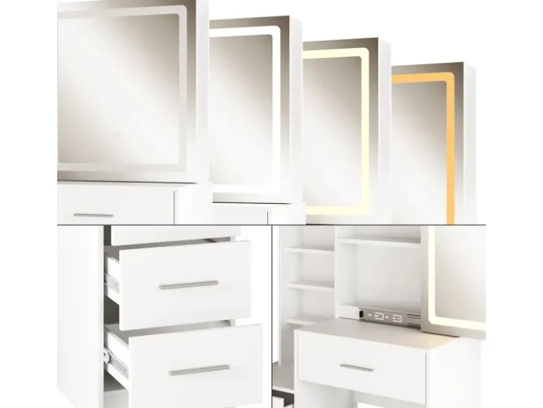 Vicco Schminktisch Lisca Weiß 80 cm mit LED-Spiegel und Hocker