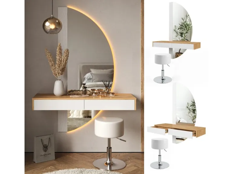 Vicco Schminktisch Melisa Weiß/Eiche 120 cm mit LED Beleuchtung und Hocker