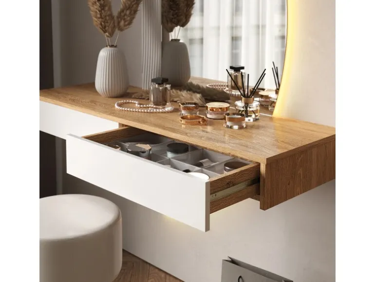 Vicco Schminktisch Melisa Weiß/Eiche 120 cm mit LED Beleuchtung und Hocker