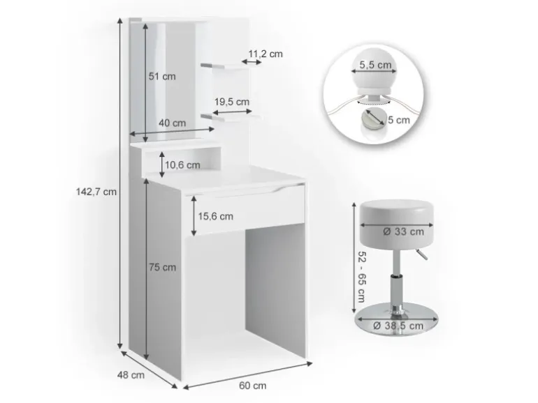 Vicco Schminktisch Ruben Weiß 60 cm mit LED Beleuchtung und Hocker