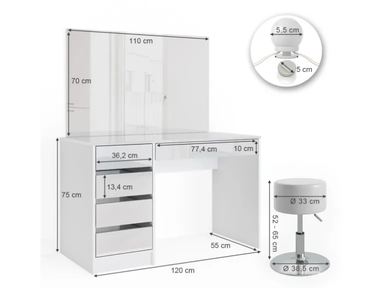 Vicco Schminktisch Sherry Weiß 55 cm mit LED Beleuchtung und Hocker