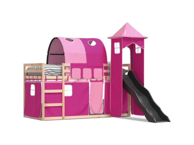 vidaXL Etagenbett mit Rutsche und Gardinen Rosa 80x200 cm2101526