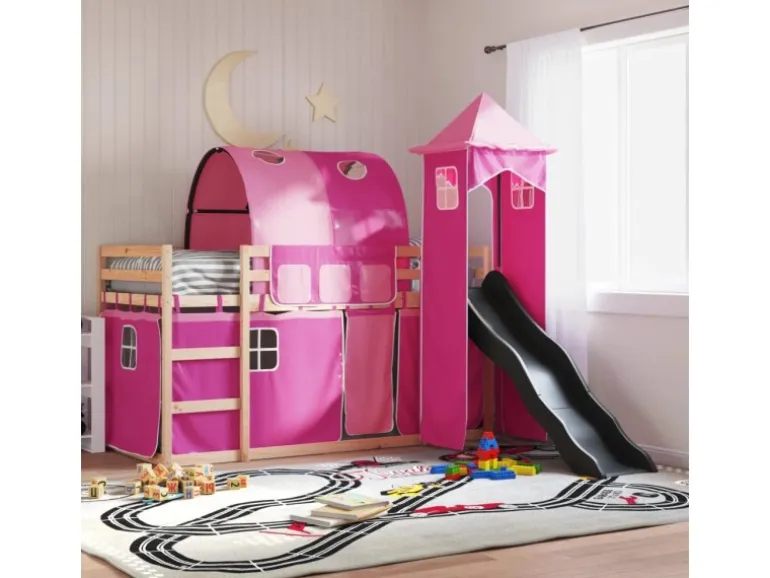 vidaXL Etagenbett mit Rutsche und Gardinen Rosa 80x200 cm2101526