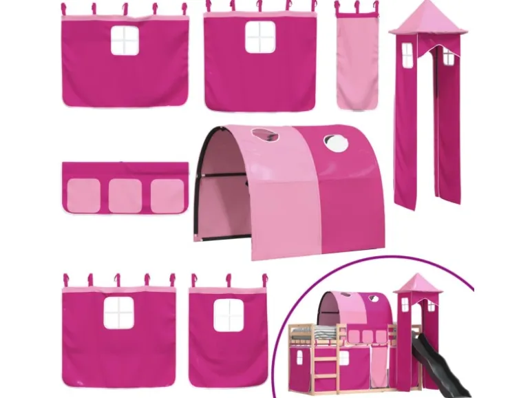 vidaXL Etagenbett mit Rutsche und Gardinen Rosa 80x200 cm2101526
