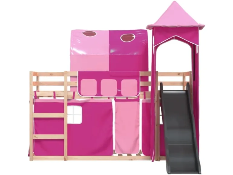 vidaXL Etagenbett mit Rutsche und Gardinen Rosa 80x200 cm2101526