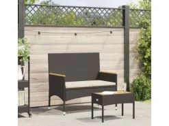 vidaXL Gartenbank 2-Sitzer mit Kissen und Tisch Schwarz Poly Rattan