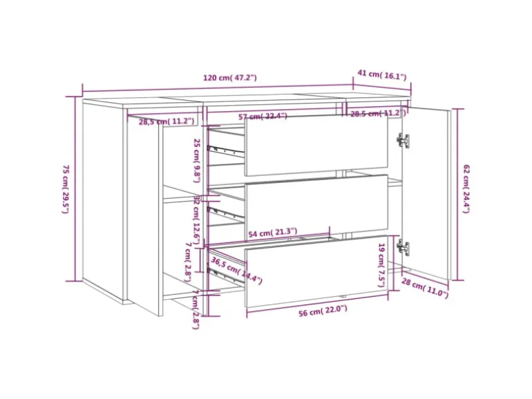 vidaXL Sideboard 3 Schubladen Hochglanz-Weiß 120x41x75cm Holzwerkstoff 809617