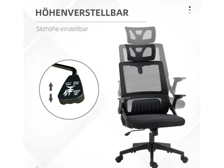 Vinsetto Bürostuhl mit Wippfunktion Mesh Schwarz 58L x 61B x 102-119H cm