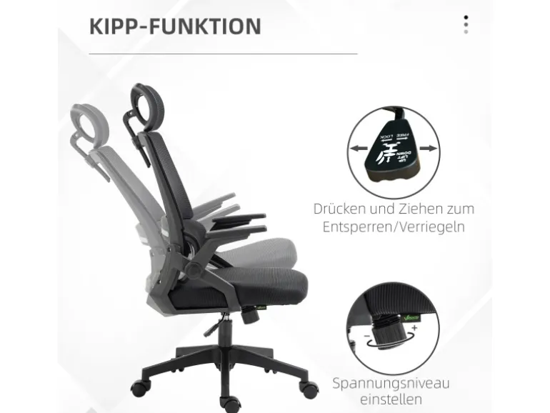 Vinsetto Bürostuhl mit Wippfunktion Mesh Schwarz 58L x 61B x 102-119H cm