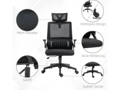 Vinsetto Bürostuhl mit Wippfunktion Mesh Schwarz 58L x 61B x 102-119H cm