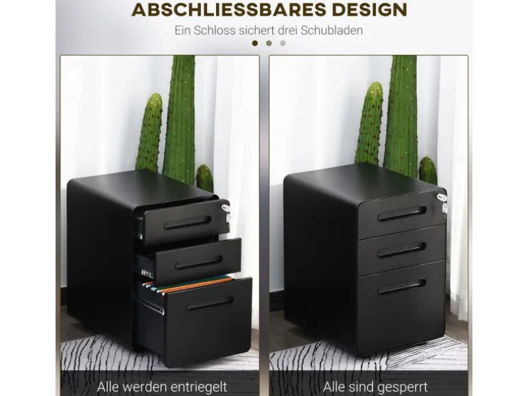 Vinsetto Rollcontainer mit 3 Schubladen Aufbewahrung Stahl Schwarz 39 x 48 x59cm