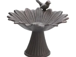 Vogeltränke in Gänseblümchen-Form mit Vogel aus Gusseisen in Dunkelbraun 18,5 cm