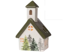 Weihnachts-Deko Windlicht Kirche 17 cm Weiß-Grün