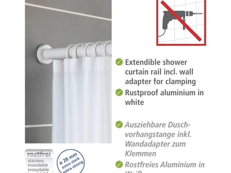Wenko Teleskop-Duschvorhangstange Luz ausziehbar rostfrei 110 cm - 185 cm Weiß