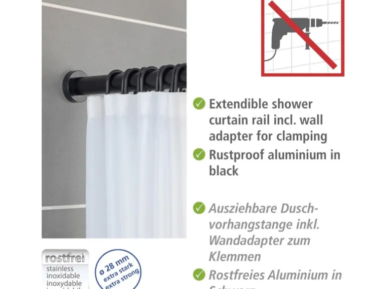 Wenko Teleskop-Duschvorhangstange Luz ausziehbar rostfrei 110 - 185 cm Schwarz