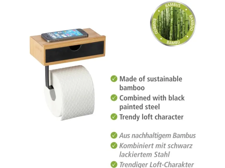 WENKO Toilettenpapierhalter mit Ablage Bambusa Bambus